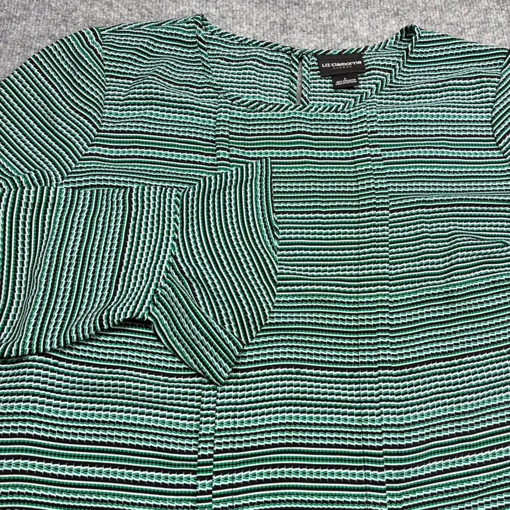 Liz Claiborne Career Blouse Womens L Green Black Striped Bell‎ Sleeve Tunic Top